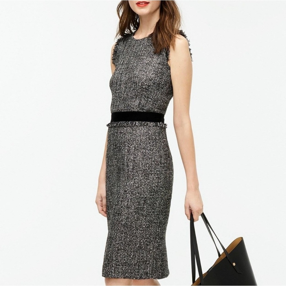 J.Crew Constellation Tweed Sheath Dress Metallic Black Velvet Waistband Sz 8